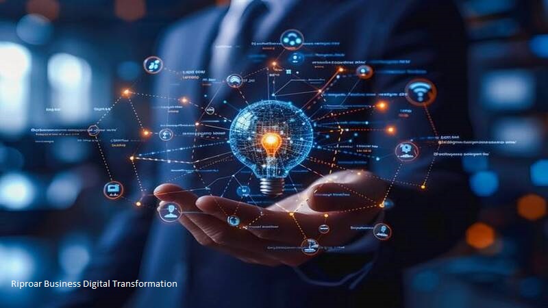 Riproar Business Digital Transformation concept showing cloud infrastructure, process automation, ERP, data analytics, cybersecurity, operational efficiency, and business growth.