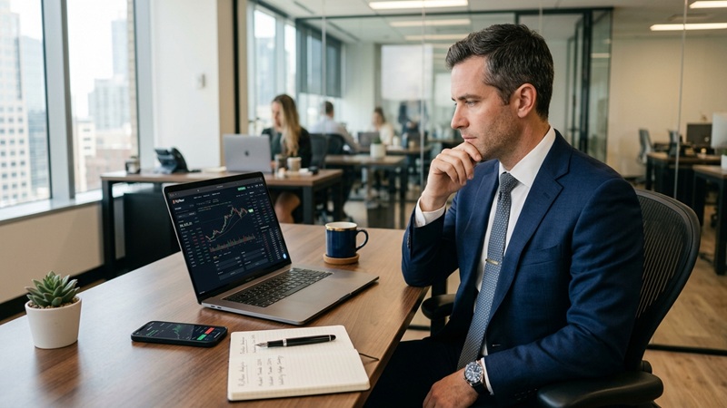 Roarcultable latest crypto trends from RipRoar shown on a laptop as a professional reviews cryptocurrency market data in an office.