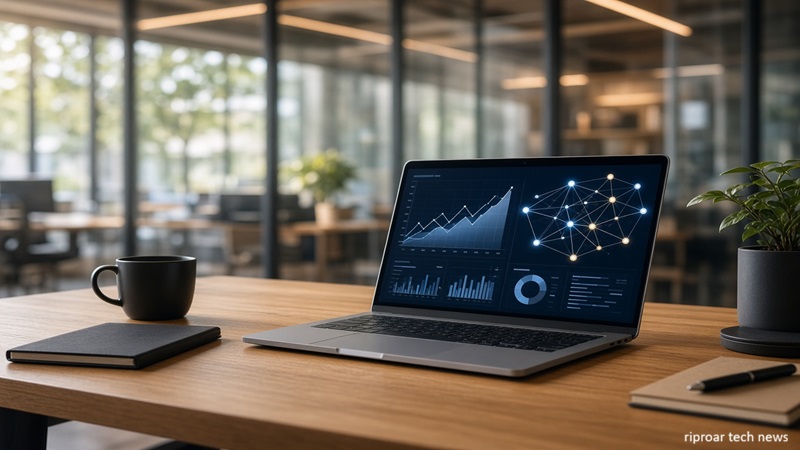 RipRoar Tech News laptop displaying technology analytics and digital trends in a modern office