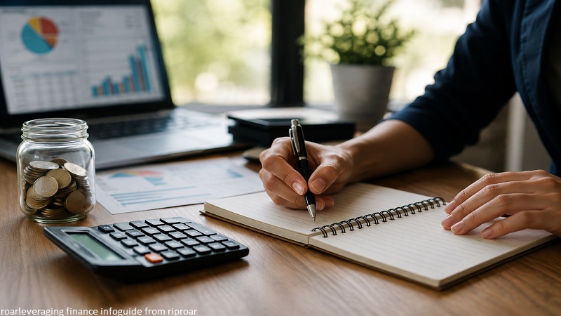 Person managing personal finances at a desk with a calculator, notebook, savings jar, and laptop, representing the RoarLeveraging Finance InfoGuide from RipRoar.