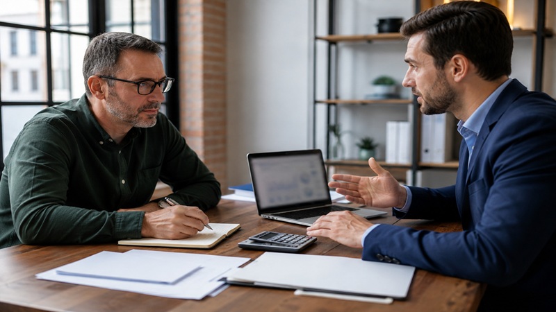 Financial advisor discussing business finances with a business owner, featuring the roarbiznes financial infoguide by riproar.