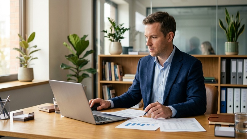 Banker reviewing tax documents and financial charts for taxing tips roarleveraging