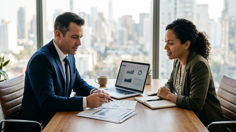 Banker and business owner reviewing charts on a laptop and printed reports while discussing the latest funding trend RPRInvesting