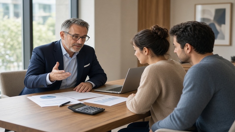 Financial advisor explaining what is advice in financial planning roarleveraging to a couple during an office consultation